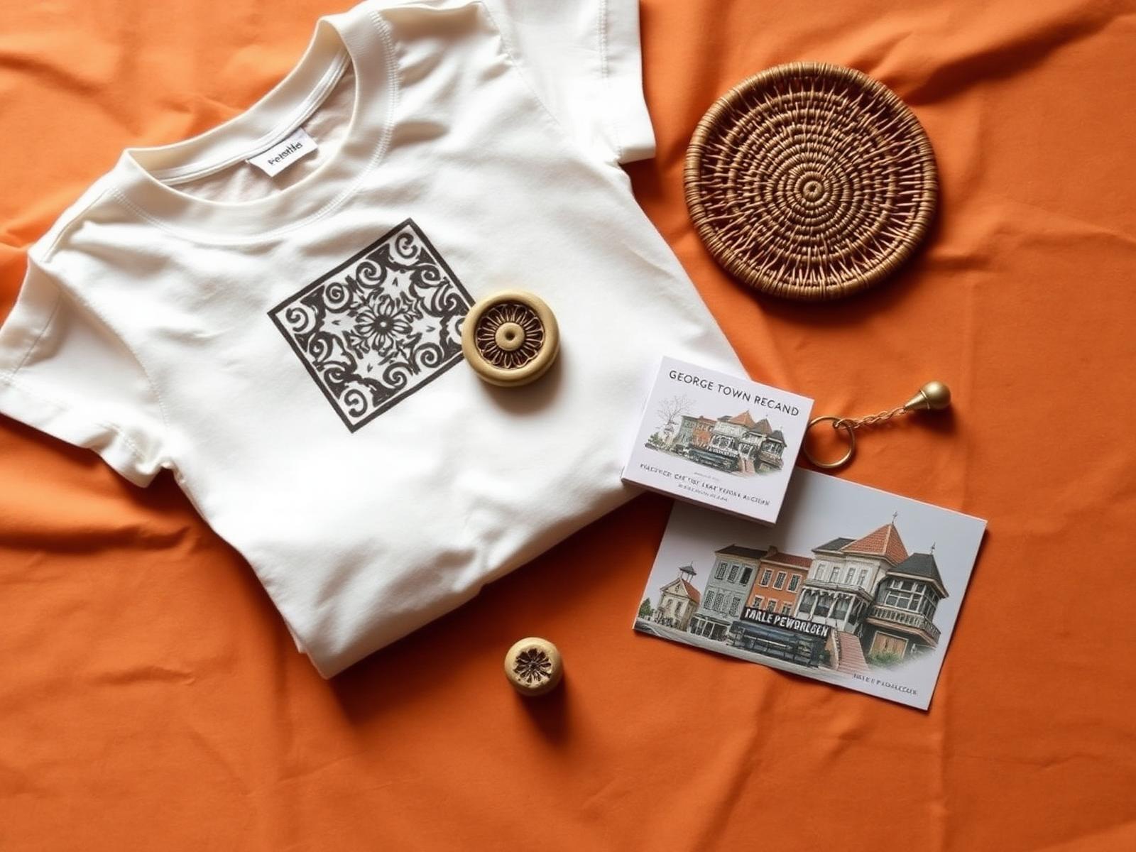 A flatlay of Penang souvenirs — printed tee, rattan coaster, postcards, brass keychain