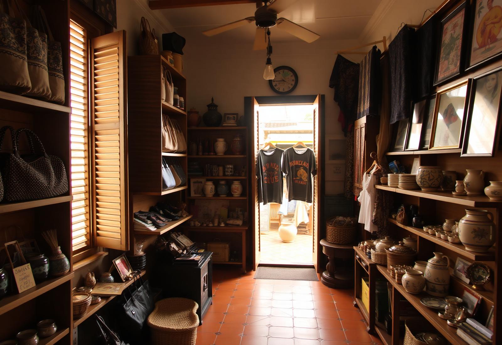 Inside the Zent & Art shophouse — wooden shelves of bags, ceramics and prints